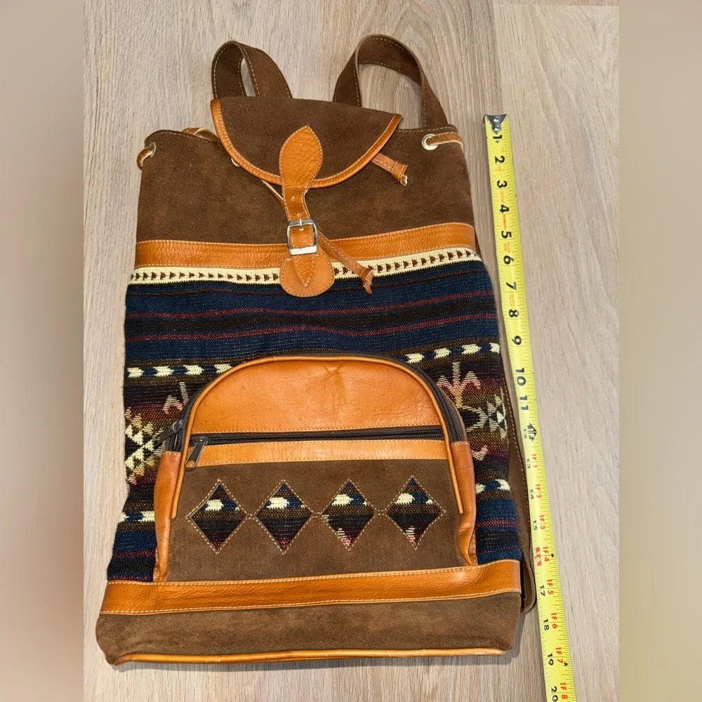 Western Leather Brown & Blue Boho Aztec Drawstring Backpack